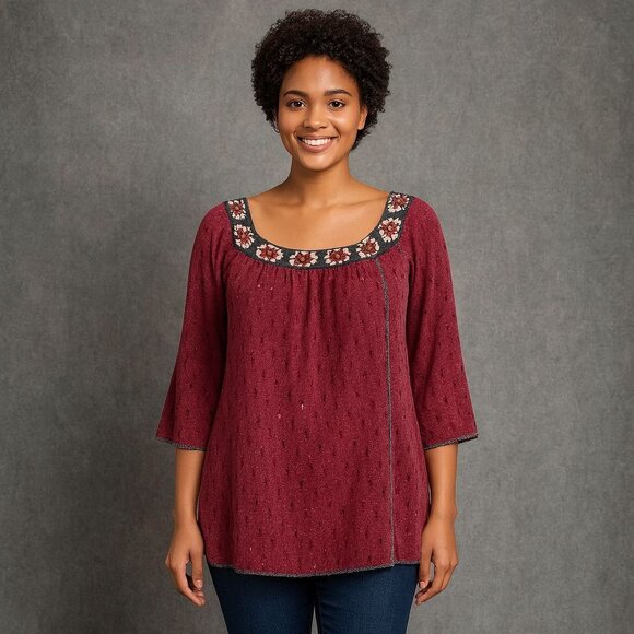 Burgundy Crochet Trim Peasant Tunic Top Maverick The Collection Oversized S - Picture 4 of 12